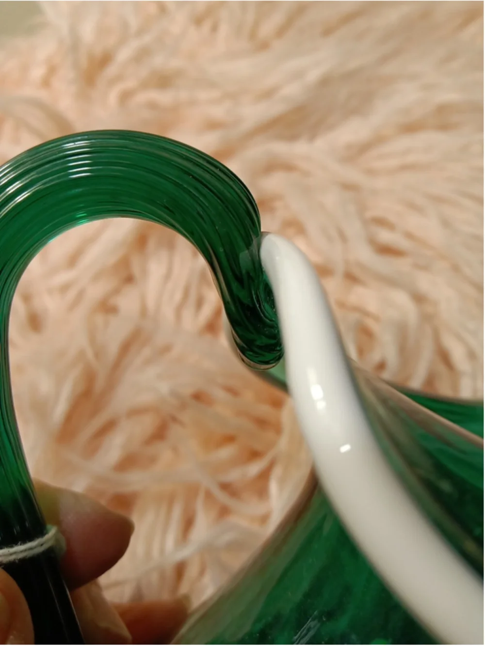 Fenton Emerald Green Snow Crest Glass Reed Handled Ruffle Pitcher handmade USA